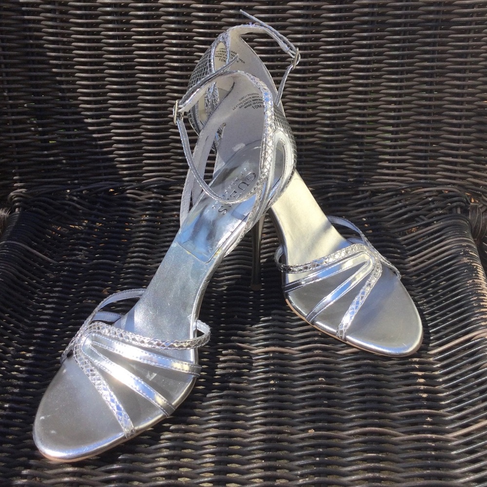 Glamorous Guess silver snake strappy heels!